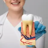 Dentysta prezentuje model zęba, pokazując jego budowę. To może być klucz do znalezienia leku na ruszające się zęby.