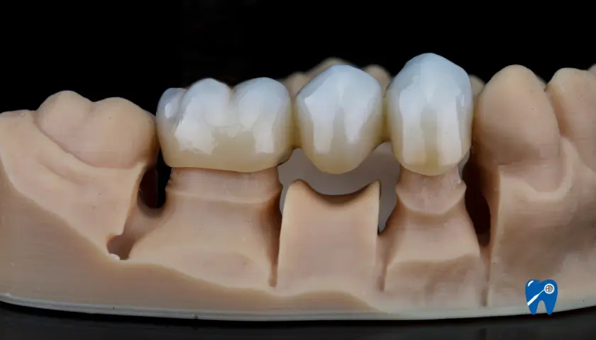 Model szczęki z mostem porcelanowym, imitującym naturalne zęby.