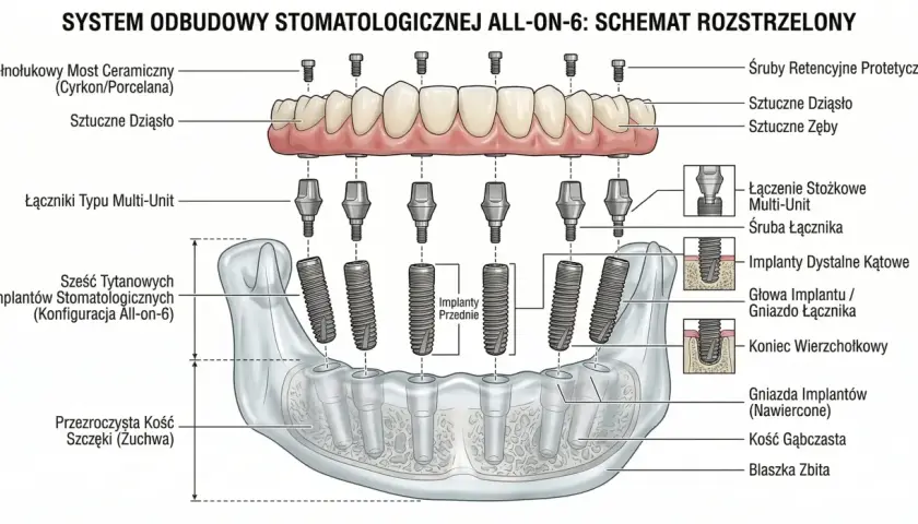 Schemat systemu all-on-6: ceramiczny most, sztuczne dziąsło, 6 implantów tytanowych w kości szczęki, łączniki Multi-Unit.